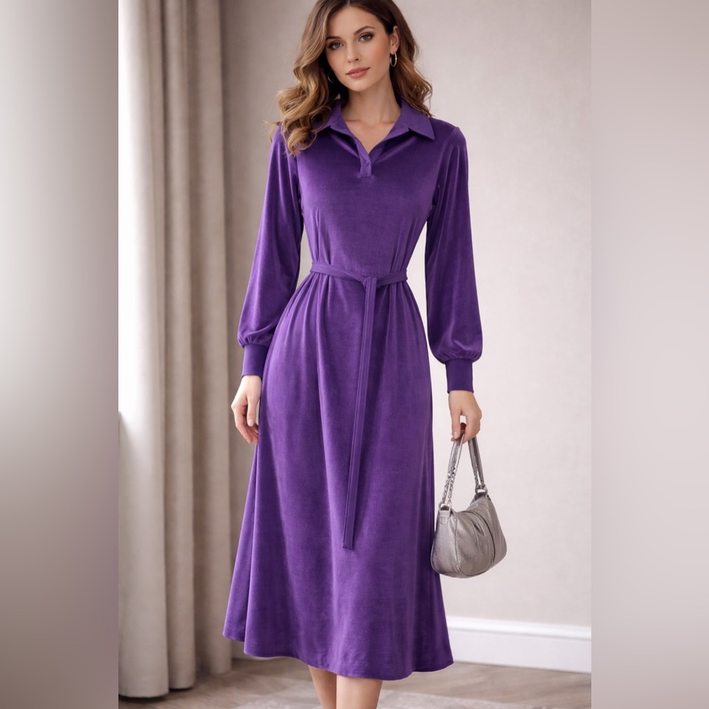 Vtg 70s Lilac Purple Velour Velvet Dress Long Sleeve Size M Midi